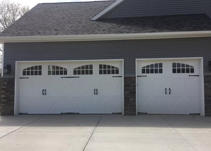Amarr Garage Doors, 16' x 7' & 8' x 7', Classica Santiago, True White, with decorative hardware, Almond, Seine